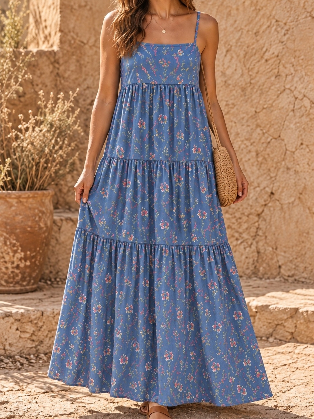 Lily Rose Blue Floral Tiered Maxi Dress M Linen Blend Boho Prairie Farmhouse Cot